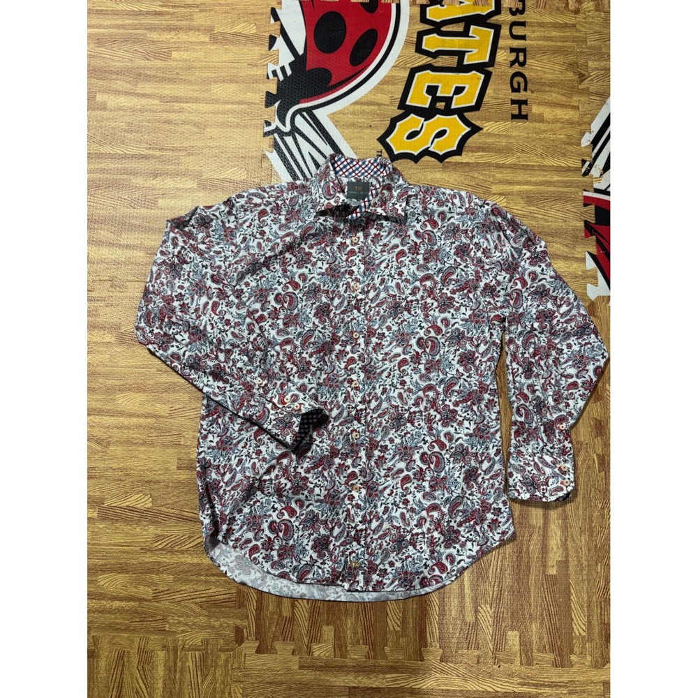 Thomas Dean Mens Red Blue Paisley Cotton Button Down Shirt Size M contrast cuff